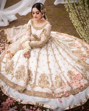 Luxury Heavy work Unstitched Net Wedding Desinger White Frock Maxi Dress with Net Embroidered Dupatta