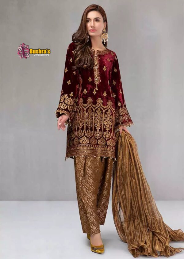 Luxury Heavy work Unstitched  Wedding Desinger Maroon Velvet Dress with Net Embroidered Dupatta