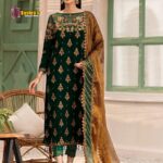 Velvet Luxury Heavy work Unstitched Wedding Desinger Bottle Green Dress With Net Embroided Dupatta