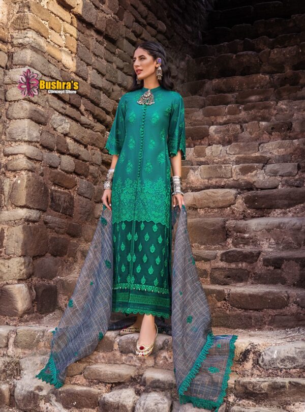 Luxury LAWN Shiflli Chickenkhari unstitched Designer Green Dress with Cotton Net Embroidered Dupatta