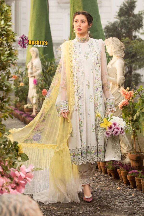 Luxury Lawn heavy Embroidered Chikankari unstitched Designer Dress with digital Printed silk Dupatta