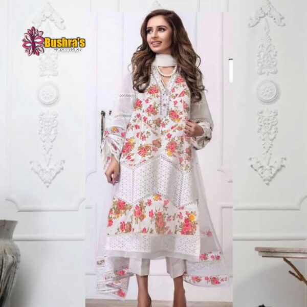 Luxury lawn schifflie Embroidered unstitched Designer white Dress with NET embroidered Dupatta