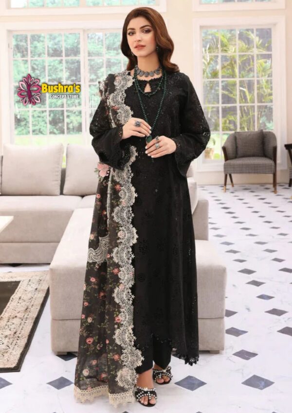 Luxury Lawn heavy Embroidered Chikankari unstitched Designer black Dress with Organza digital Printed Dupatta