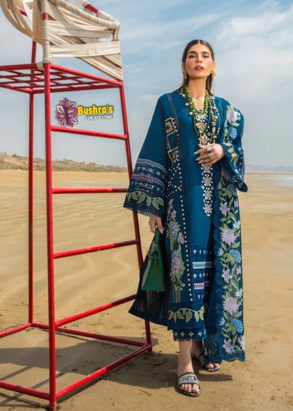 Luxury lawn heavy Embroidered Chikankari unstitched Designer navy blue Dress with khaddi NET Embroidered Dupatta