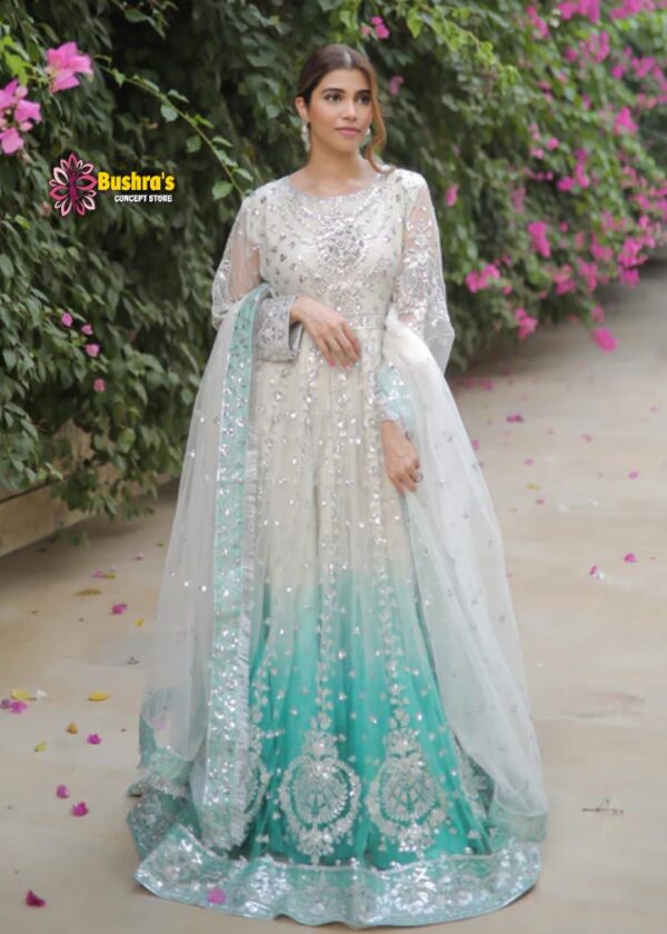 Luxury Heavy work Unstitched Net Wedding Desinger Frock Maxi Dress with NET Embroidered Dupatta