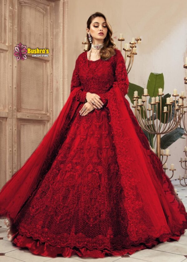 Luxury Heavy work Unstitched Net Wedding Desinger Frock Maxi maroon Dress with NET Embroidered Dupatta