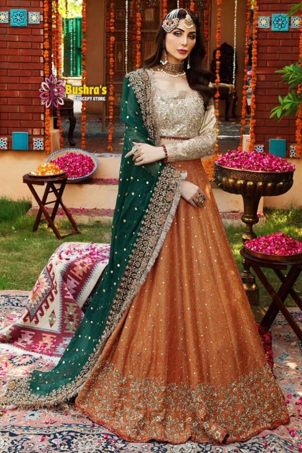 Luxury heavy work unstitched wedding Frock Maxi Designer Net Dress with Net Embroidered Dupatta