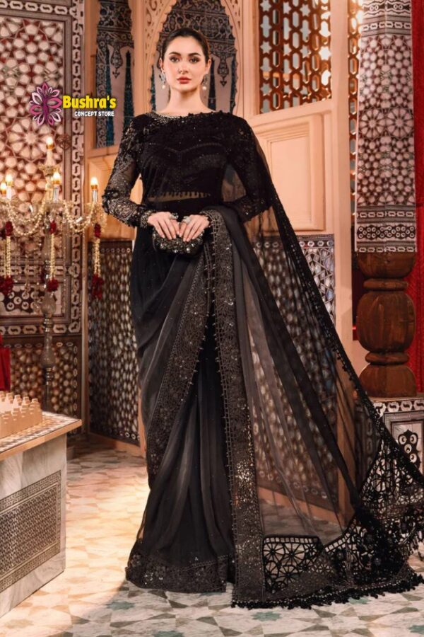 Luxury Work Unstitched Wedding Partywear Nikha Walima Engagement Mehndi Mayon Black Saree Dress