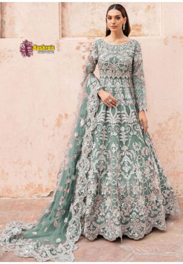 Luxury heavy work unstitched wedding Designer Net Frock Maxi Dress with Net Embroidered Dupatta