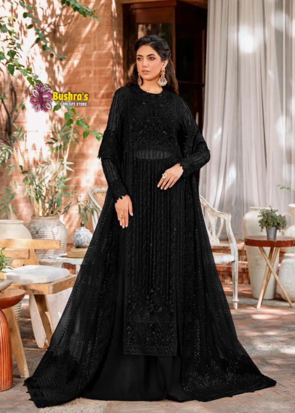 Luxury have work Unstitched Net Wedding Desinger Black Frock Maxi Dress with Net Embroidered Dupatta