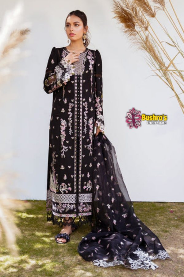 Luxury Lawn cotton heavy Embroidered Unstitched Designer  Black Dress with Organza Embroidered Dupatta