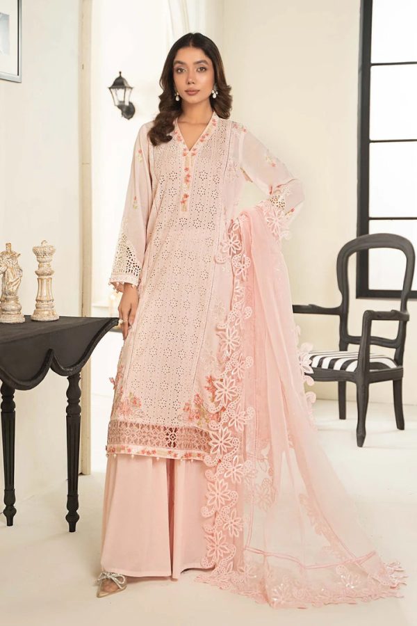 Luxury Pure cotton Chikankari Unstitched Designer Peech Dress with Embroidered Organza Dupatta