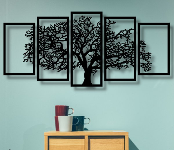 5 Frame Leaf Black Wooden Wall Decor Panel