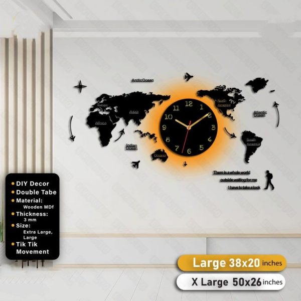 World Map Wooden Wall Clock With Light