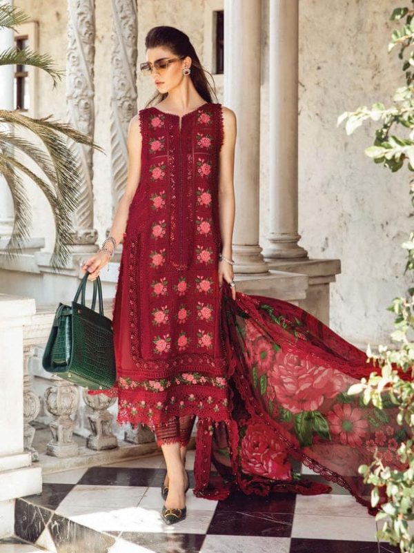 Summer Luxury cotton Unstitched Red Maroon Dress with Digital Printed Silk Dupatta