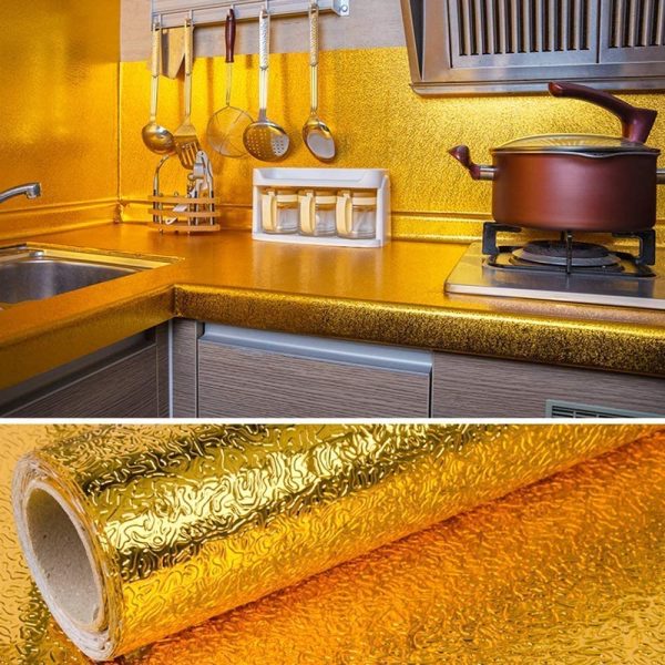 Aluminum Foil Self-Adhesive Waterproof High Temperature Oil-Proof sheet Non-Stick Stove Cabinet Hood Kitchen Wall sheet (60x200cm) Golden