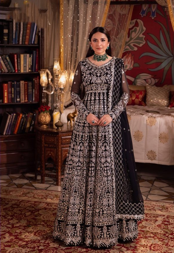 Elegant Luxury Work Unstitched Wedding Partywear Nikha Walima Engagement Mehndi Mayon Black Frock Maxi Dress