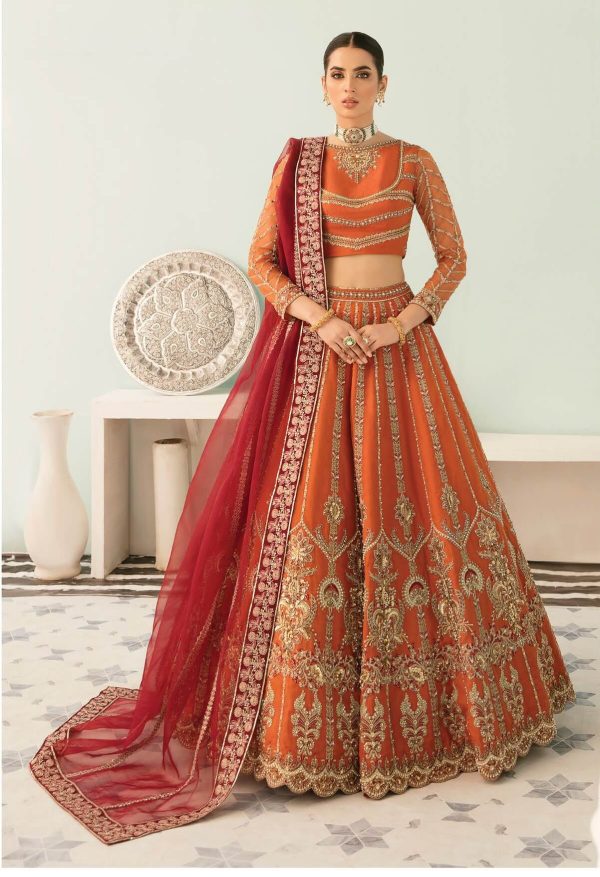 Elegant Luxury Work Unstitched Wedding Partywear Nikha Walima Engagement Mehndi Mayon Orange Frock Maxi Dress