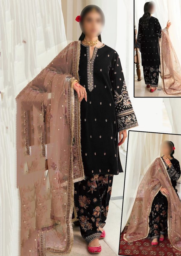 Velvet Luxury Heavy work Unstitched Wedding Desinger Black Dress With Organza Embroidered Dupatta