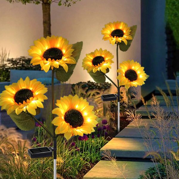 Solar Sunflower Stake Light IP65 Waterproof Solar Lawn Lamp with 3 Sunflowers Auto ON/OFF Garden Lamp