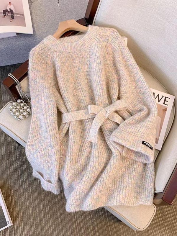 Women Long Waist Pullover Sweater - Round Neck Top