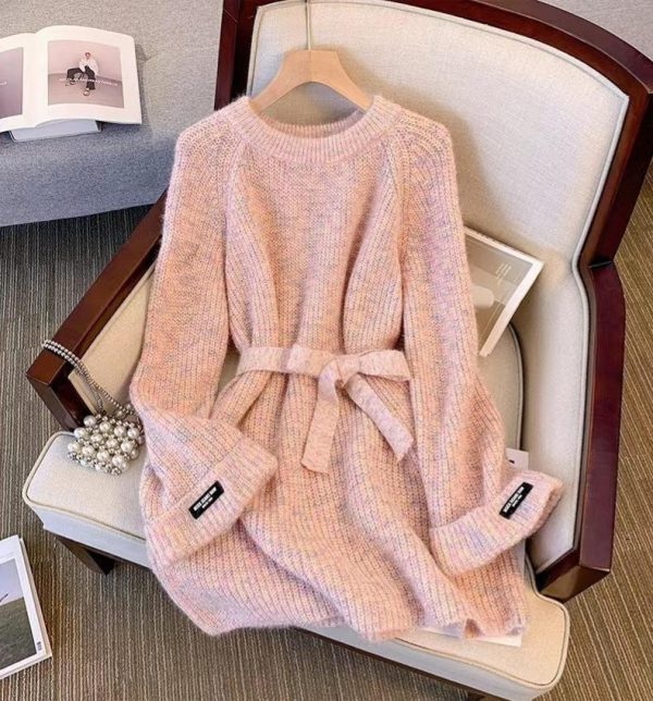 Women Long Waist Pullover Sweater - Round Neck Top