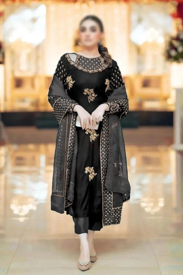 Velvet Black Dress Elegant Luxury Work Unstitched Wedding Partywear Nikha Walima Engagement Mehndi Mayon Dress