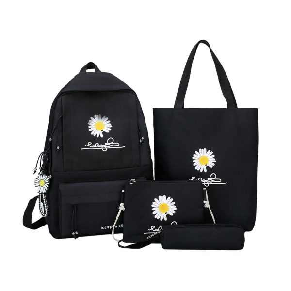 4-Piece Set Ladies Student Backpack School Bag Daisy Canvas Teen Girl Student School Bag Boy School Bag