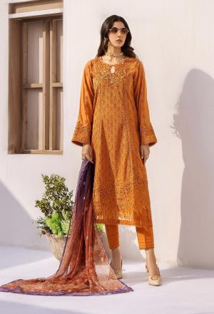 Elegant Luxury Embroidered Summer Lawn Orange Dress