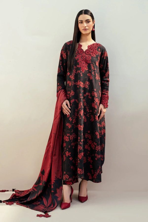 Elegant summer Printed Embroidery Lawn Unstitched Black Red Dress
