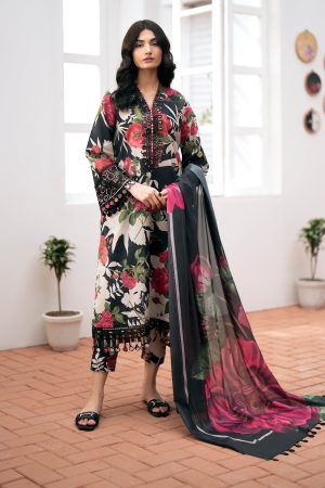 Elegant summer Printed Embroidery Lawn Unstitched Black Dress