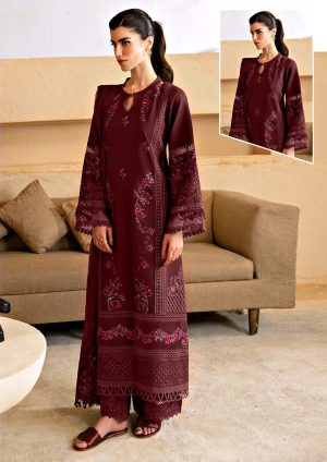 Elegant summer Luxury Embroidery Lawn Cotton Chikankari Unstitched Maroon Dress