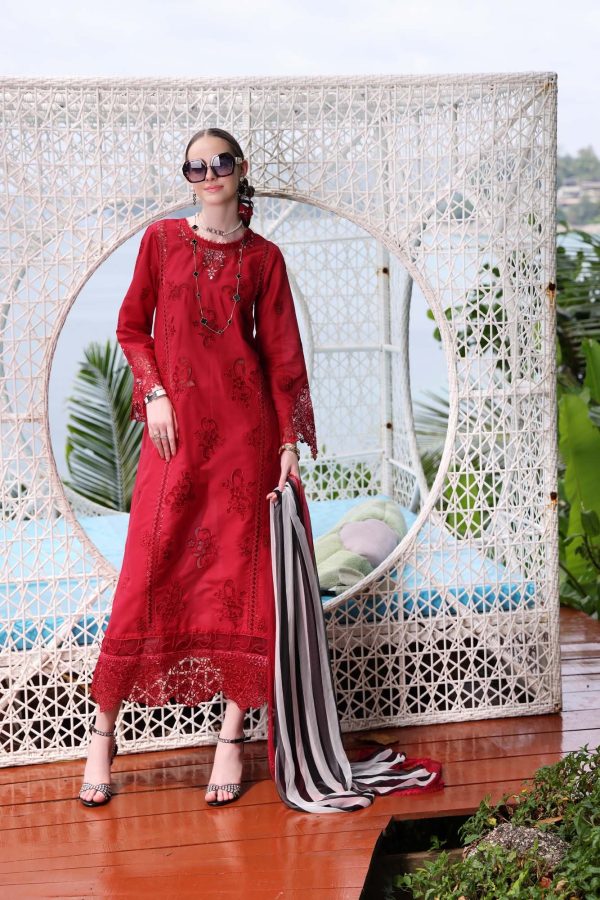 Elegant summer Luxury Chikankari Embroidery Lawn Cotton Unstitched Red Maroon Dress