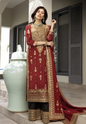 Elegant Luxury Work Unstitched Wedding Partywear Red Maroon Dress Nikha Walima Engagement Mehndi Mayon Dress