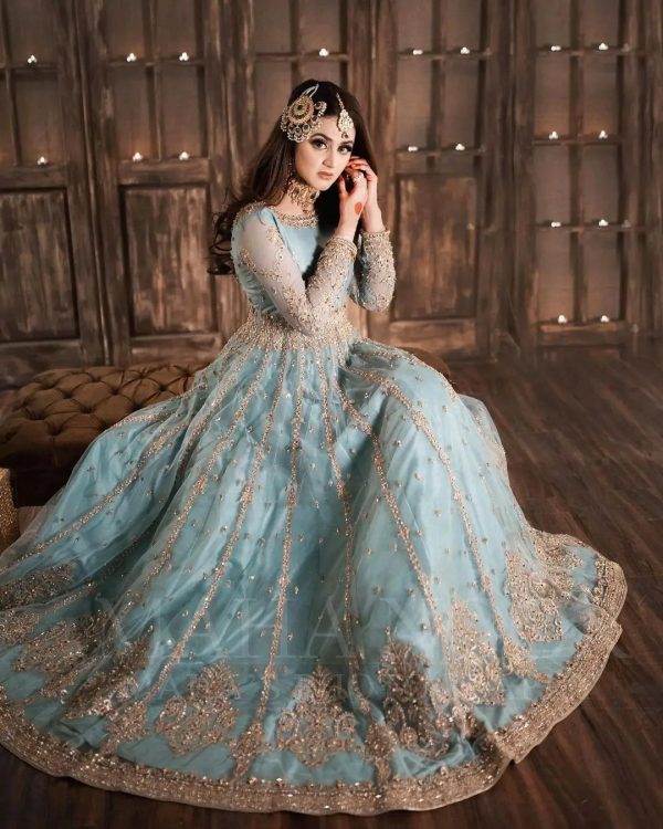 Elegant Luxury Work Unstitched Wedding Partywear Nikha Walima Engagement Mehndi Mayon Sky Blue Dress