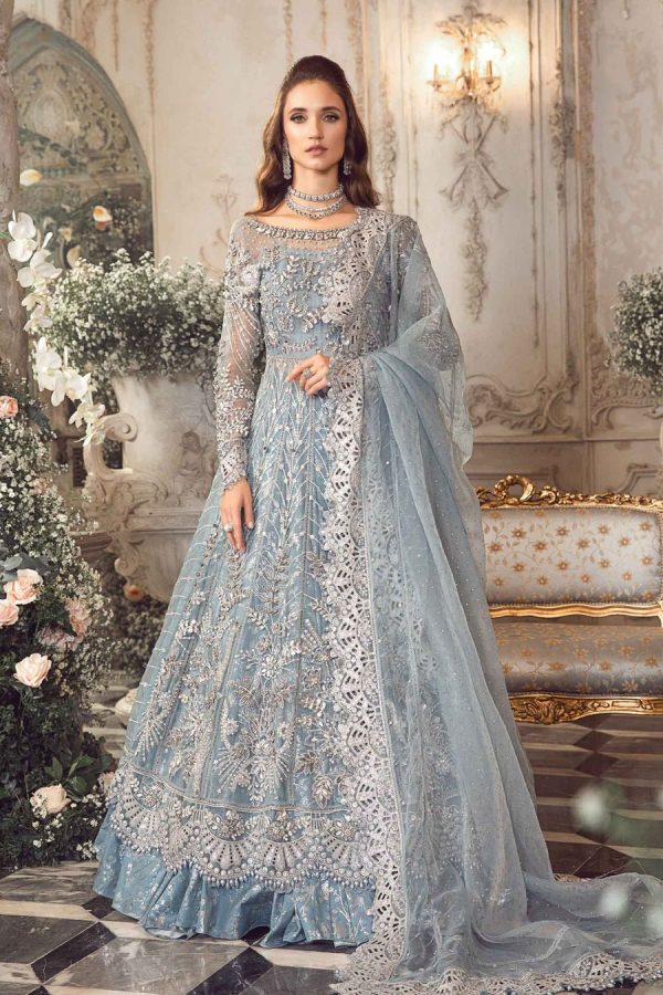 Elegant Luxury Work Unstitched Wedding Partywear ice blue Frock Maxi Dress Nikha Walima Engagement Mehndi Mayon Dress