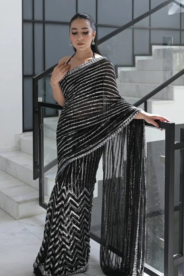 Elegant Luxury Work Unstitched Wedding Partywear Black Saree Dress Nikha Walima Engagement Mehndi Mayon Dress