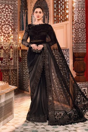 Elegant Luxury Work Unstitched Wedding Partywear Black Saree Dress