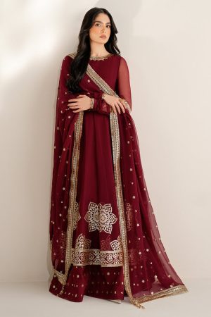 Elegant Luxury Work Unstitched Wedding Partywear Maroon Frock Dress Nikha Walima Engagement Mehndi Mayon Dress