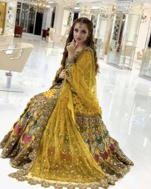 Elegant Luxury Work Unstitched Wedding Partywear Yellow Frock Dress Nikha Walima Engagement Mehndi Mayon Dress