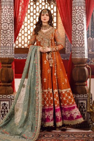 Elegant Luxury Work Unstitched Wedding Partywear Frock Orange Dress Nikha Walima Engagement Mehndi Mayon Dress
