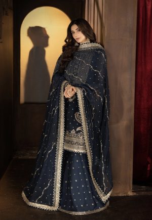 Elegant Luxury Work Unstitched Wedding Partywear Dark Blue Dress Nikha Walima Engagement Mehndi Mayon Dress