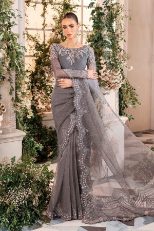 Elegant Luxury Work Unstitched Wedding Partywear Gray Saree Dress Nikha Walima Engagement Mehndi Mayon Dress