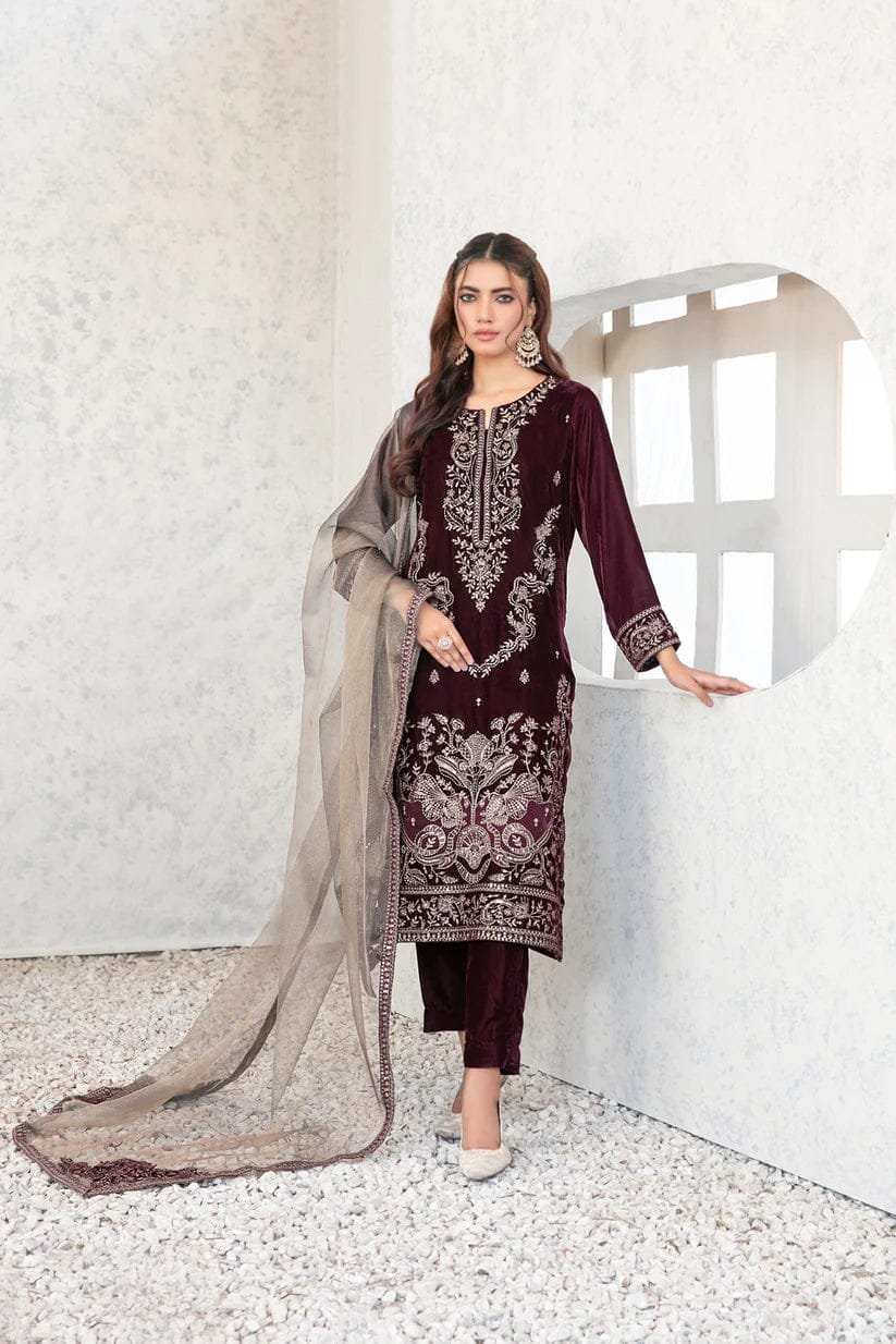 Velvet Elegant Luxury Work Unstitched Wedding Partywear Winter Maroon Dress Nikha Walima Engagement Mehndi Mayon Dress