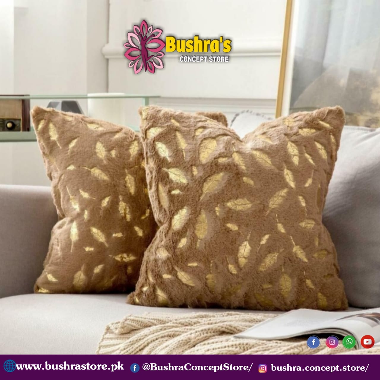 Golden Farr leaf cushion Bushra Zahoor s