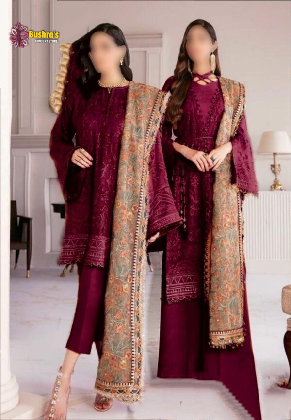 Luxury Heavy work Unstitched Maroon Chiffon Wedding Desinger Dress with Net Embroidered Dupatta