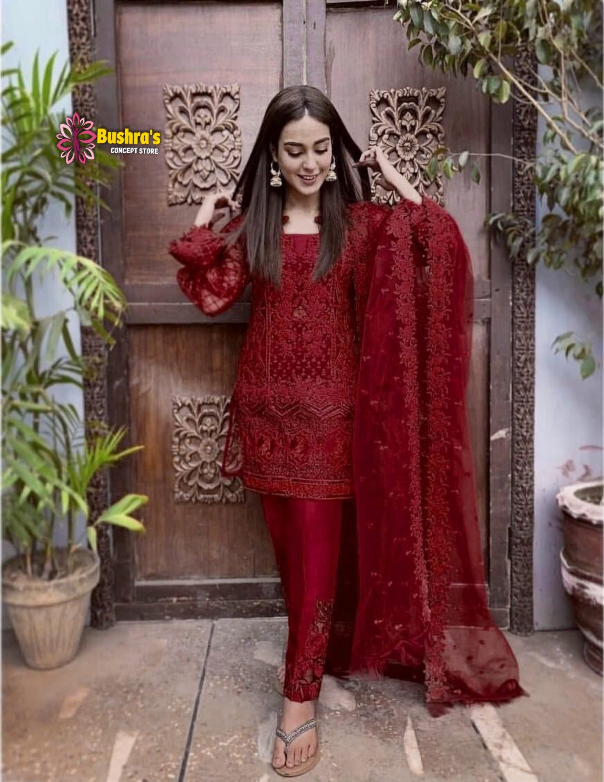 Luxury Heavy work Unstitched Net Wedding Desinger Maroon Dress with Net  Embroidered Dupatta