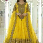 Luxury Heavy work Unstitched Net Wedding Desinger Yellow Frock Maxi Dress with Net Embroidered Dupatta Mehndi Mayon Dress