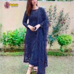 Luxury Heavy work Unstitched Net Wedding Desinger Blue Dress with Net Embroidered Dupatta