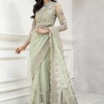 Luxury Heavy work Unstitched Net Wedding Desinger Mint Saree